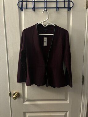NWT Ann Taylor Plum Purple Peplum Cardigan with Faux Leather Trim